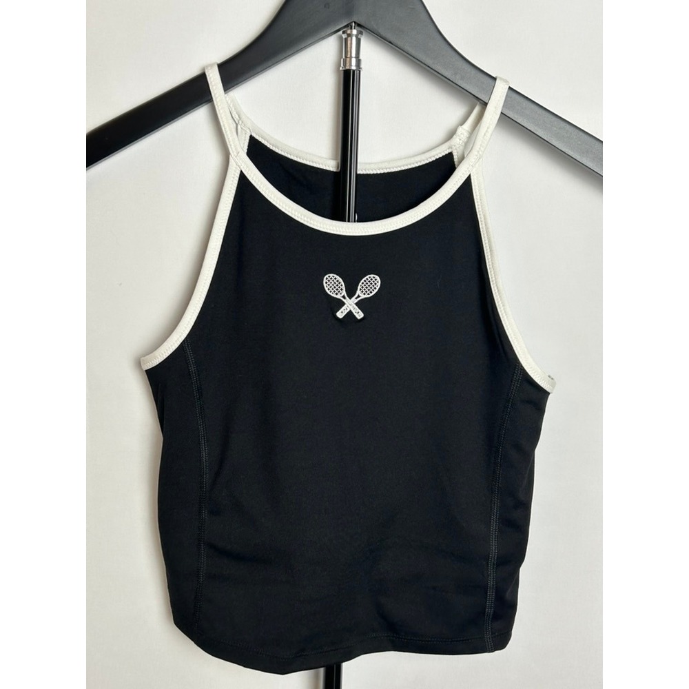 Lou & Grey Women Crop Tank Top Black White XS Tennis Pickleball Retro Preppy